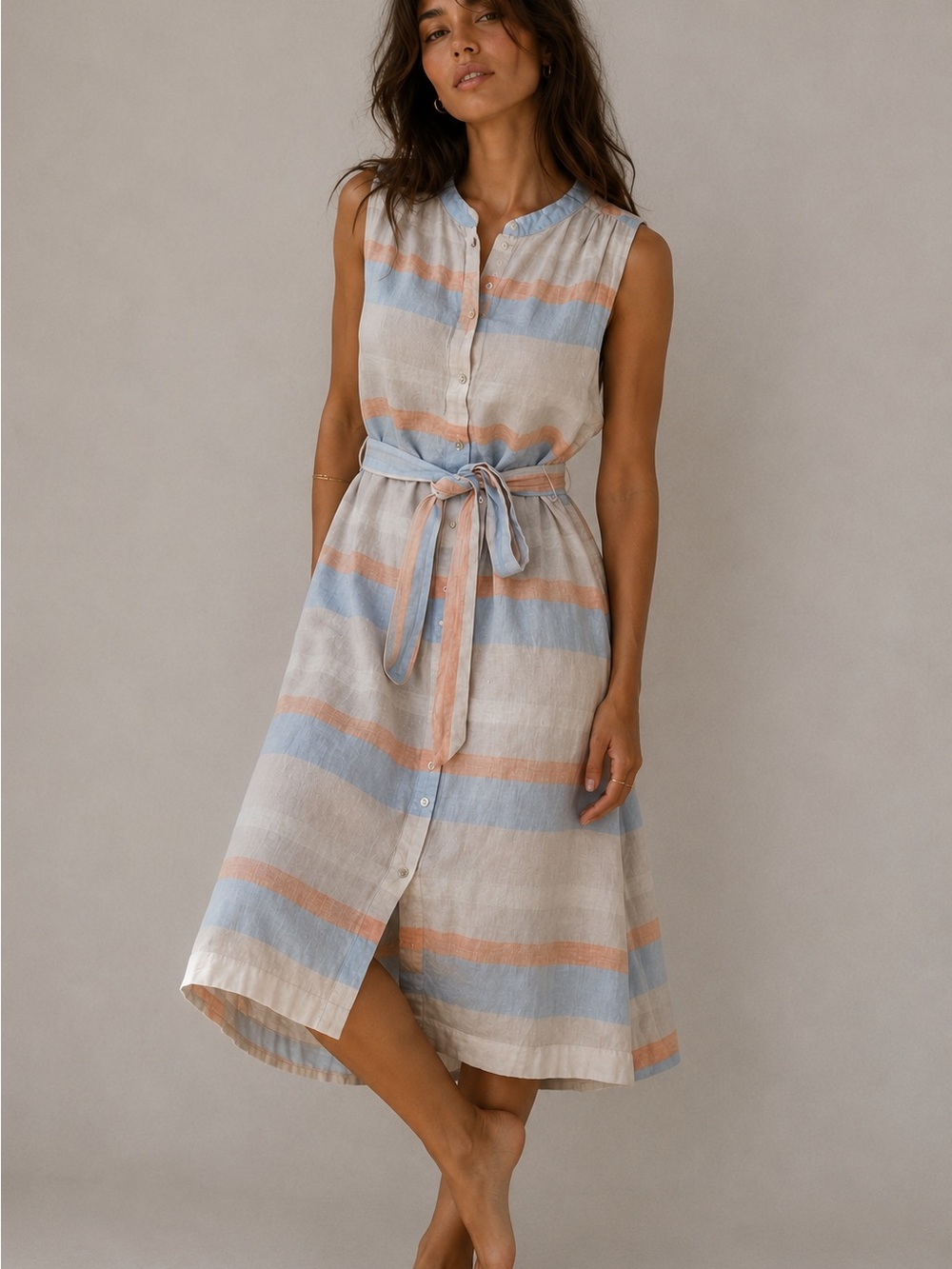 Cynthia Rowley 100% Linen Stripe Shirt Dress Tie Waist Size Medium